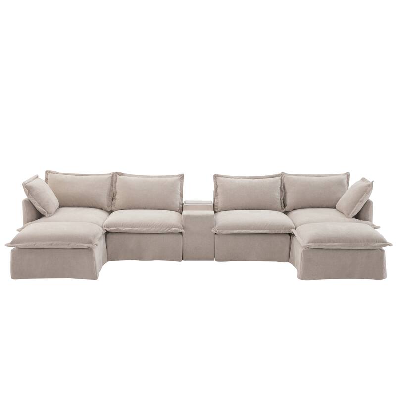U-Shaped Wide Seat Sectional Sofa w/Console, 2 Ottoman, Cup Holder, USB