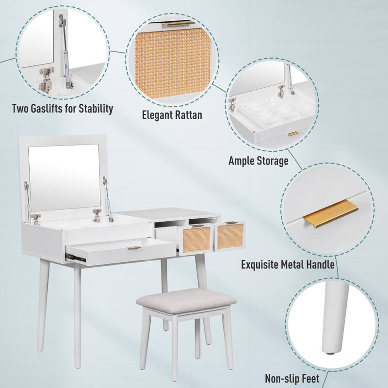 43.3" Classic Wood Makeup Vanity Set with Flip-top Mirror and Stool - White