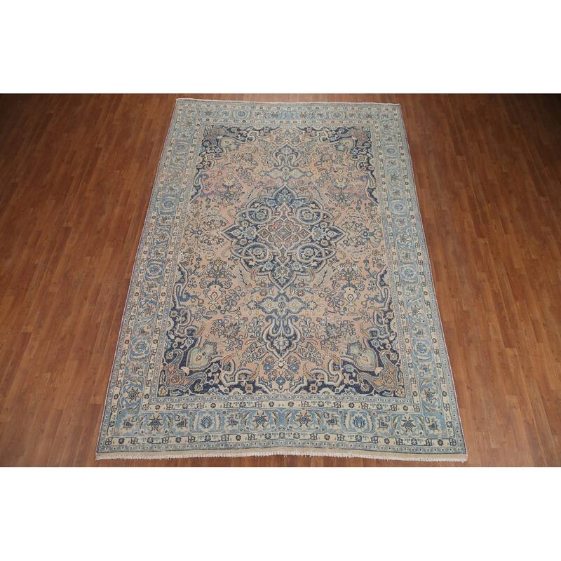 Hand Knotted Oriental 100% Wool Carpet Traditional Floral Peach Mashad Area Rug - 11' 6'' X 7' 11''