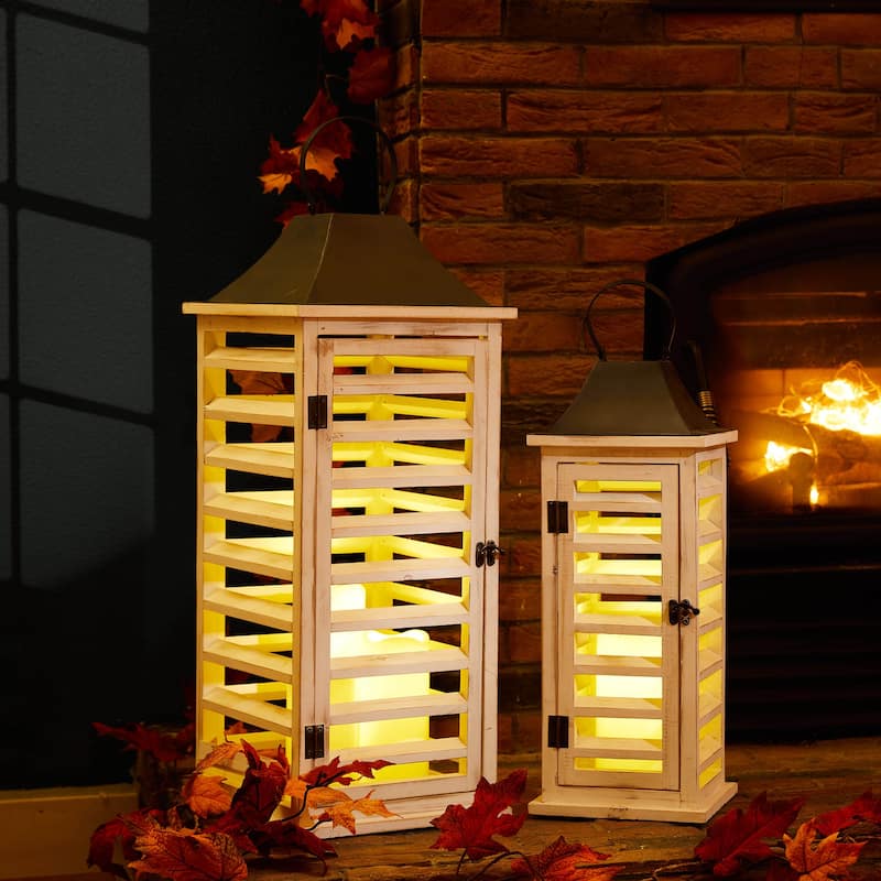Glitzhome Set of 2 Modern Wooden Shutter Floor Candle Lanterns Fall Wedding Decor