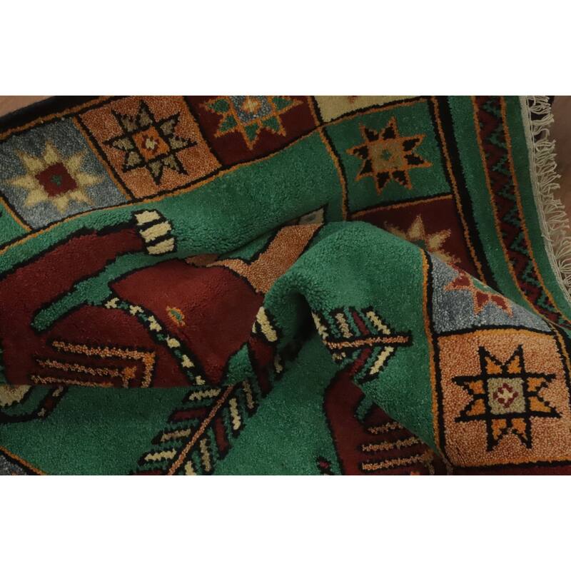 Hand-knotted Traditional Wool Green Geometric Oriental Area Rug - 10' 1'' X 4' 1''