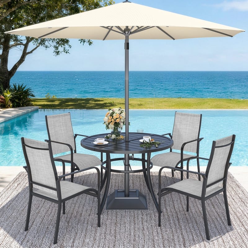Patio Dining Set, Outdoor Dining Table and Chairs Set with Textilene Chairs, Adjustable Umbrella Hole for Garden, Backyard - 5 Piece-Round - Grey