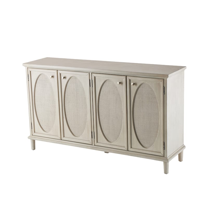 Wooden Geometric Washed Oval Rattan Front 4 Door Sideboard with Round Silver Knobs - Light Gray - Roche River Decor
