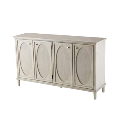 Wooden Geometric Washed Oval Rattan Front 4 Door Sideboard with Round Silver Knobs - Light Gray - Roche River Decor