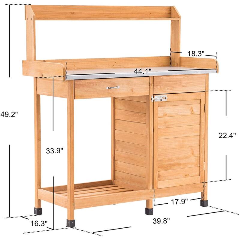 MCombo Potting Bench, Outdoor Garden Wood Potting Table Workstation with Cabinet, Metal Tabletop, Sliding Drawer, Open Shelf