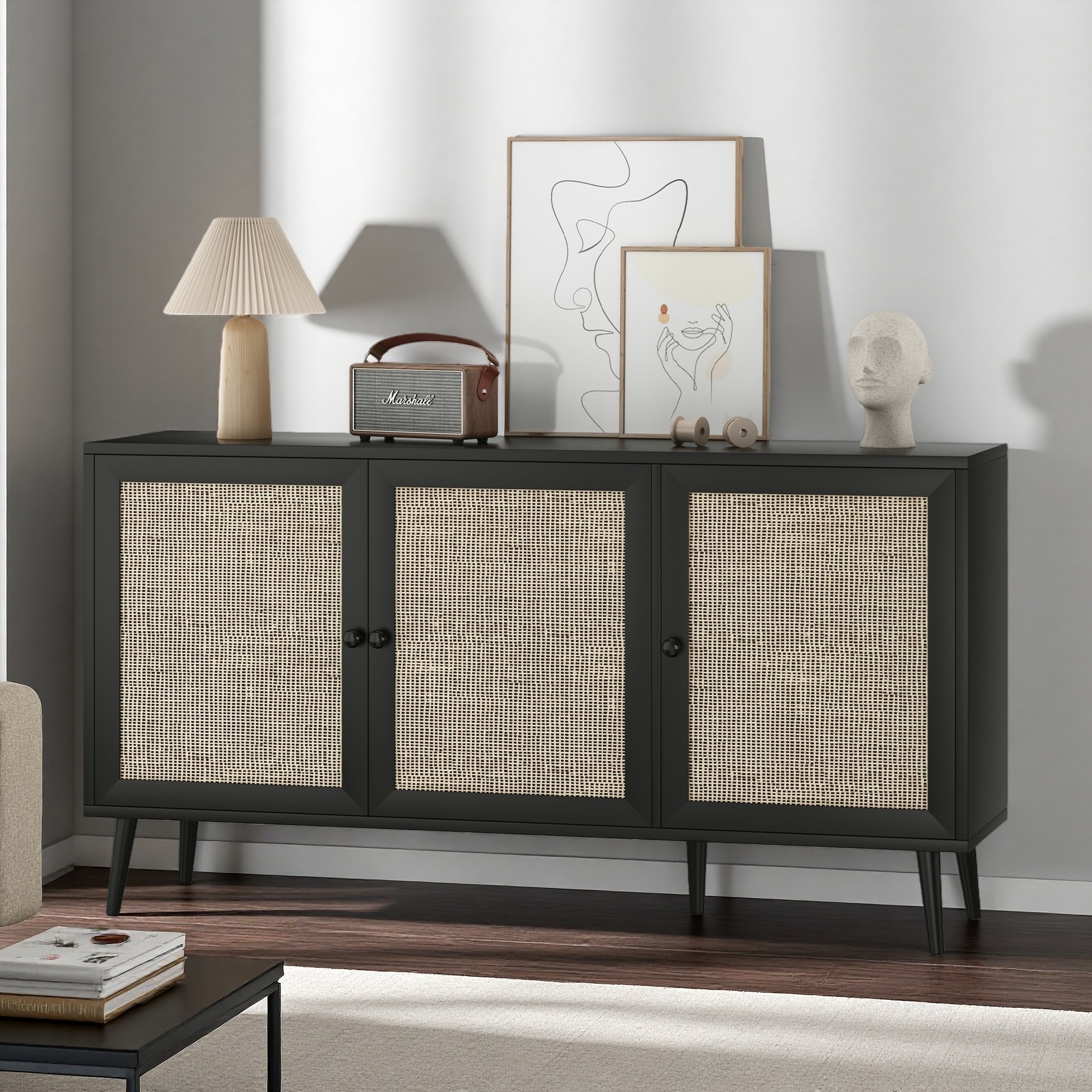 3-Door Rattan Sideboard Buffet Cabinet, Modern Storage Console for Kitchen, Dining Room & Living Room