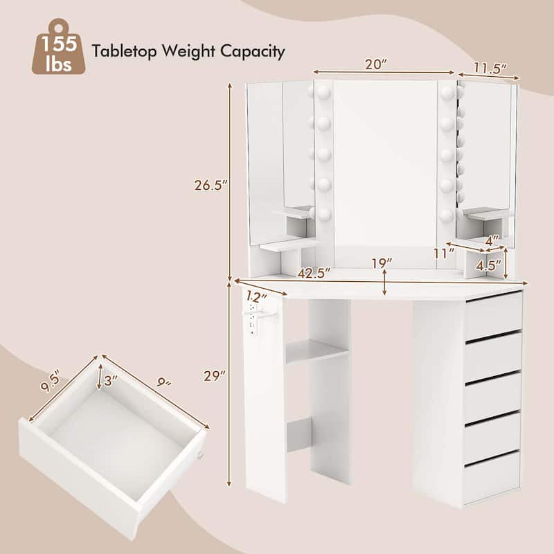 Costway Corner Vanity Desk Cosmetic Vanity Station with LED Mirror,& - See Details