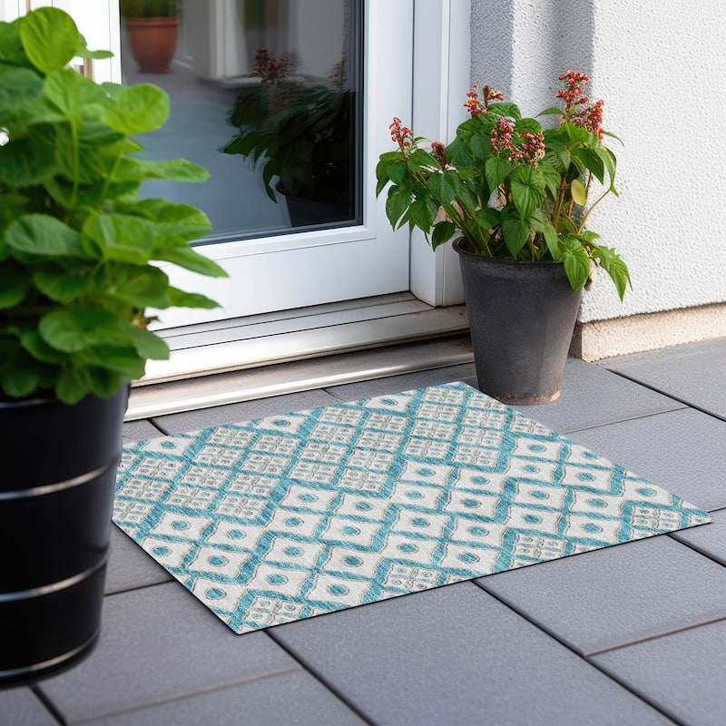 Machine Washable Indoor/ Outdoor Chantille Diamond Geo Rug - Teal - 1'8" x 2'6"
