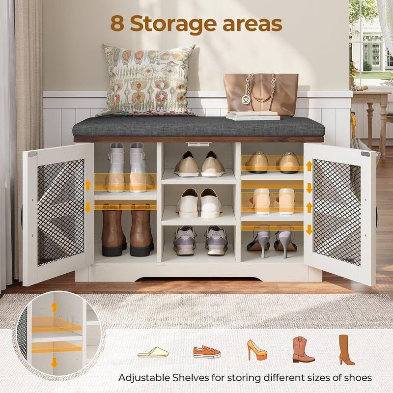 Storage Bench with Cushion Adjustable Shelf Shoe Rack Cabinet