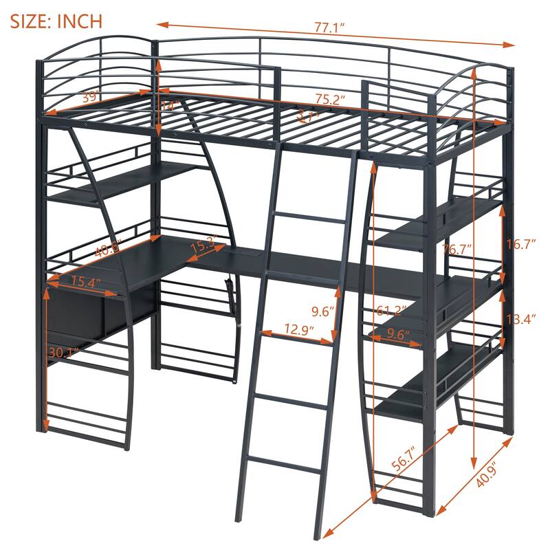 Modern Twin/Full Loft Bed with Metal Frame, Desk, Storage Shelves, and USB Charging