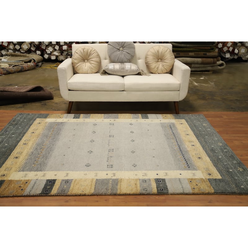 Hand Knotted Oriental 100% Wool Carpet Modern Geometric Greys & Charcoal Gabbeh Area Rug - 7' 9'' X 5' 6''