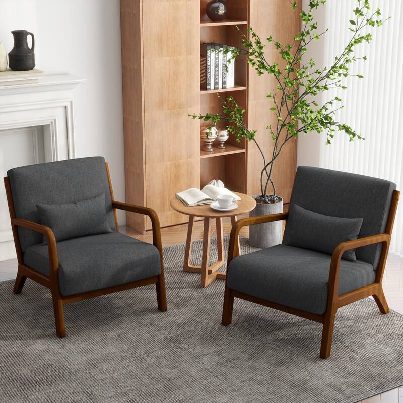 Upholstered Armchair Accent Chairs with Pillows Set of 2 - Brown Wood/Linen - Dark Grey/Linen/Brown Wood