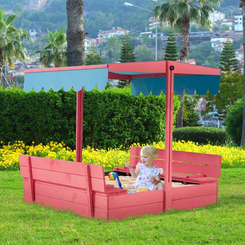 EROMMY Kids Wooden Sandbox with 2 Foldable Bench Seats and Adjustable Canopy Roof