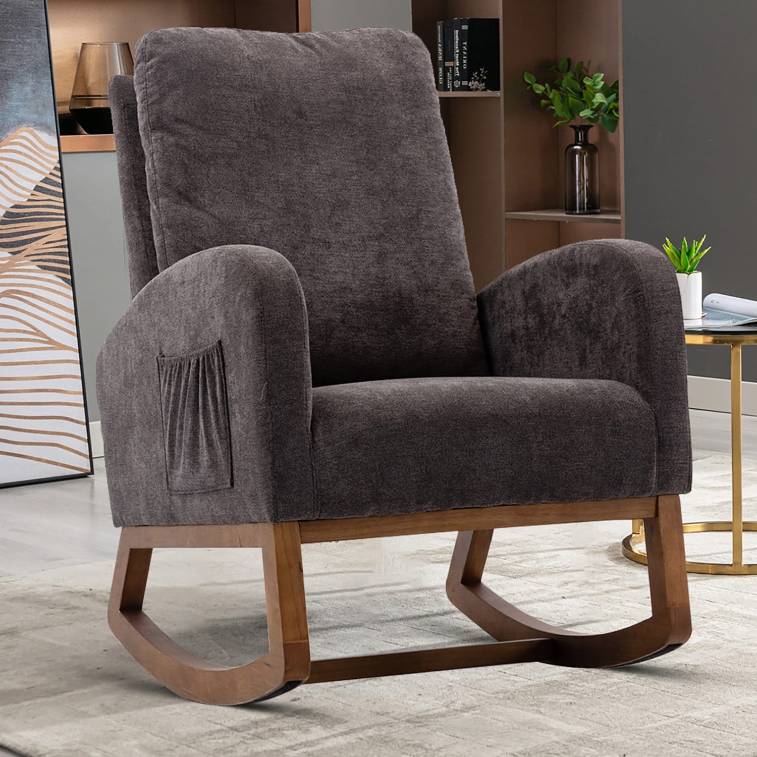 Mid Century Modern Rocking Chair for Living Room Nursery High Backrest Cozy Armrest Solid Wood Frame Dark Gray