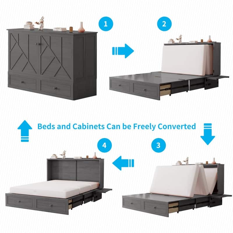 Mixoy Modern Queen Murphy Bed Chest with Foldable Mattress and USB ports