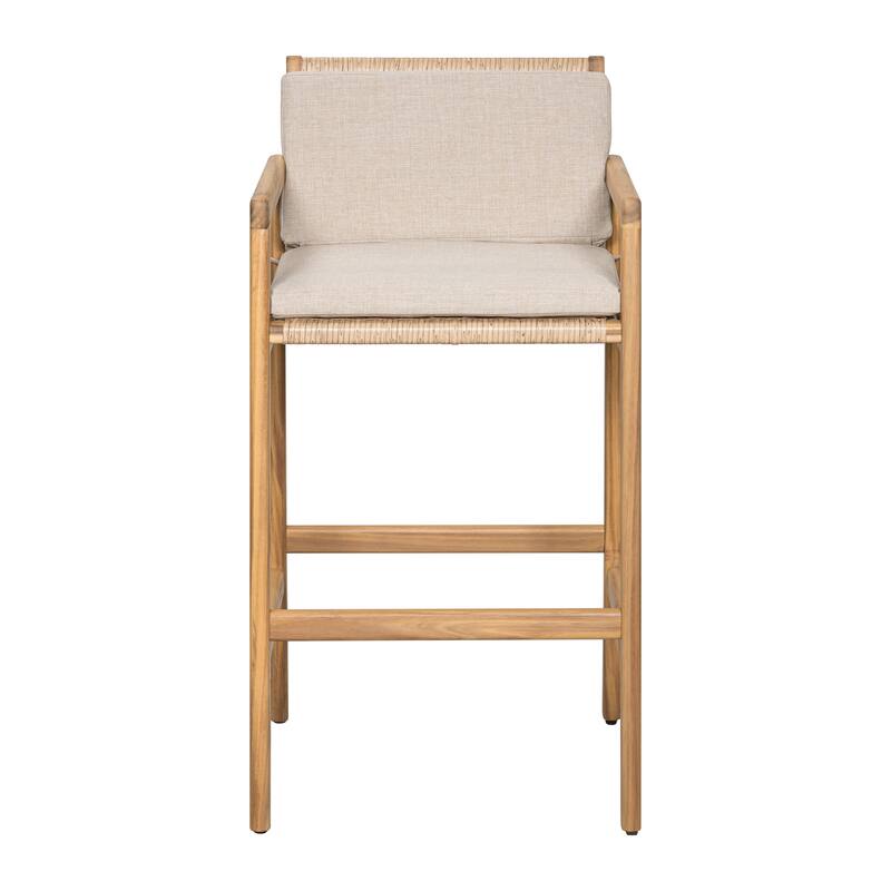 Roomfitters Marcella Outdoor Acacia Wood Barstools with Wicker Back, Teak Finish and Beige Set of 2