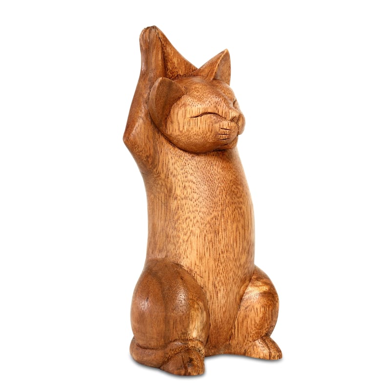 8" Wooden Handmade Hand Carved Yoga Upward Salute Pose Cat Sculpture Statue Home Decor - 8" tall x 4" wide x 3" deep