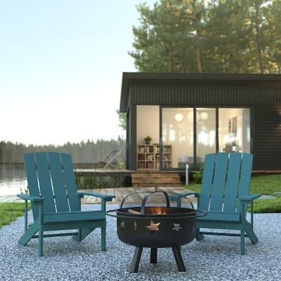 Star and Moon Fire Pit with Mesh Cover & 2 Poly Resin Adirondack Chairs