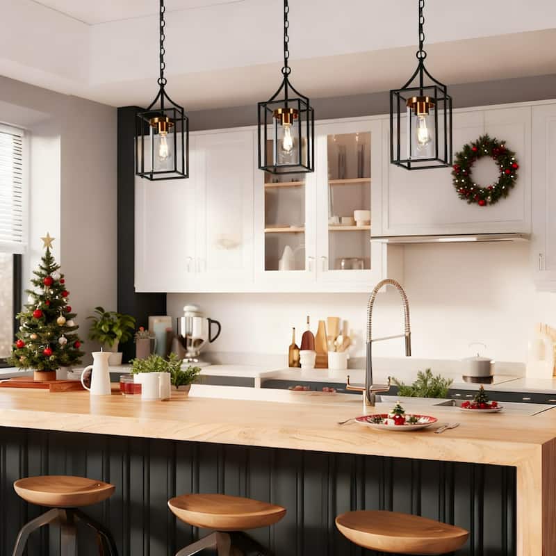 Modern Farmhouse Black Gold Pendant Light with Clear Glass Shade for Kitchen Island