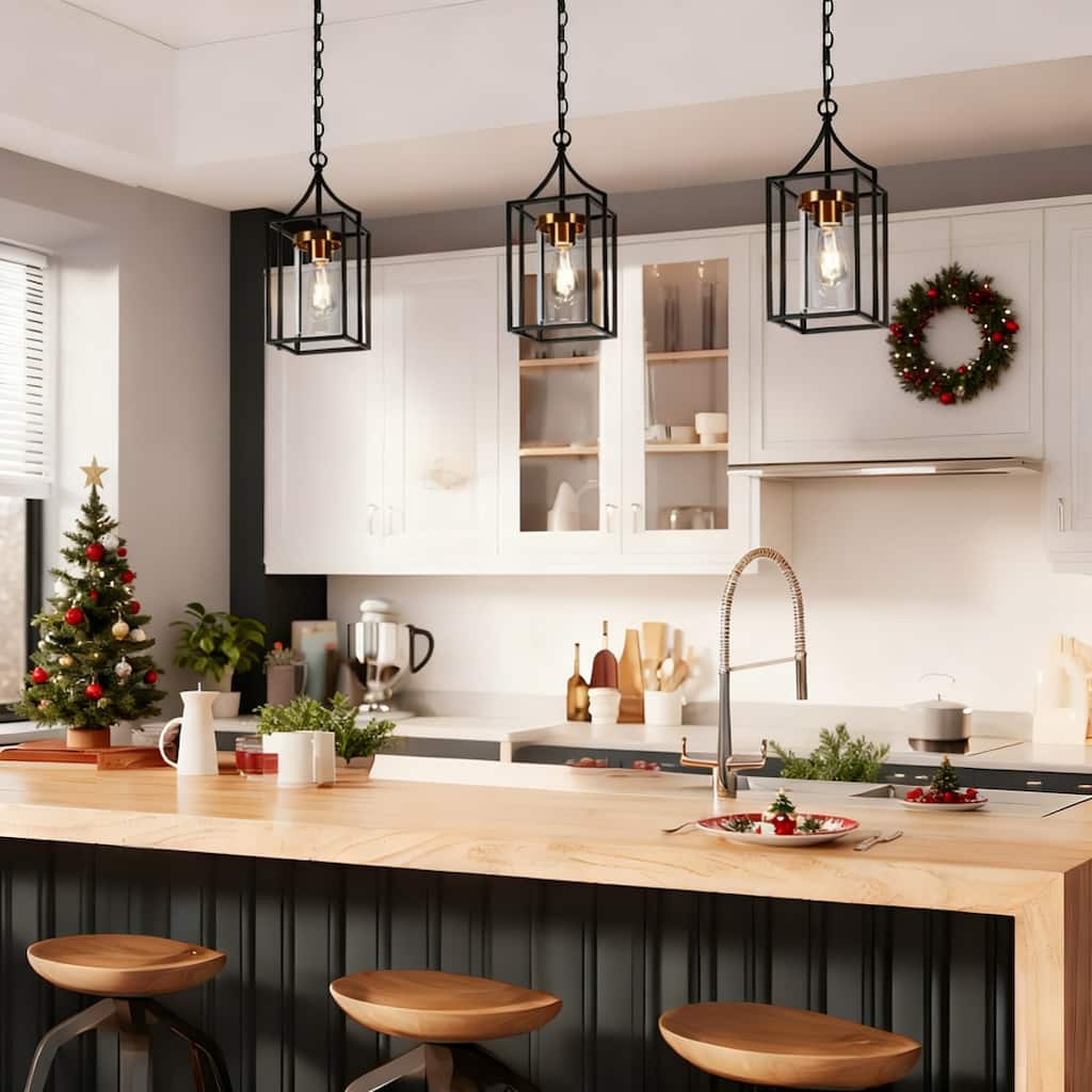 Modern Farmhouse Black Gold Pendant Light with Clear Glass Shade for Kitchen Island