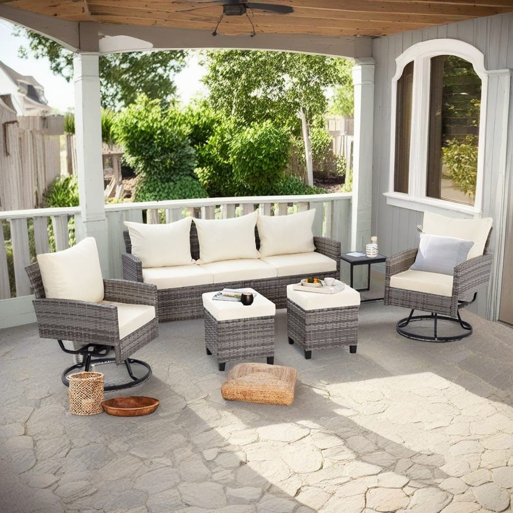 6pcs Wicker Patio Conversation Set Seating Loveseat Sofa with Ottomans