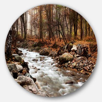 Designart 'Stream in Autumn Forest' Landscape Photography Round Wall Art
