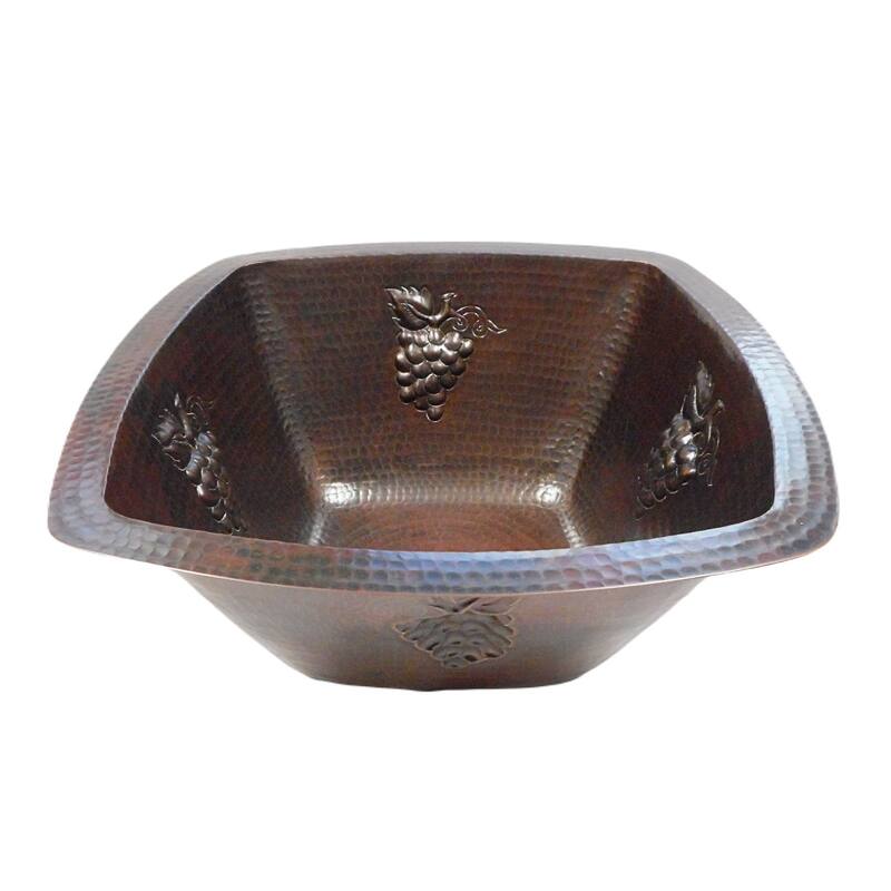 Handcrafted 15" Square Copper Kitchen Bar Sink with GRAPE Design by SimplyCopper - 15" x 15" x 7"