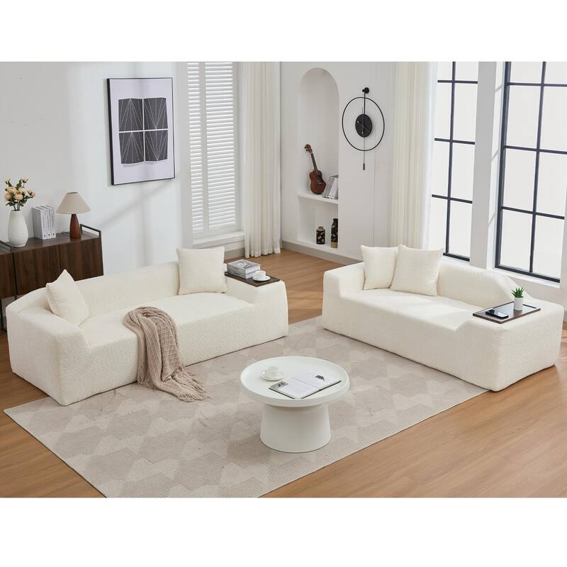 5-Seat Boucle Cloud Sofa Set (3+2) with End Tables & 4 Pillows - Beige