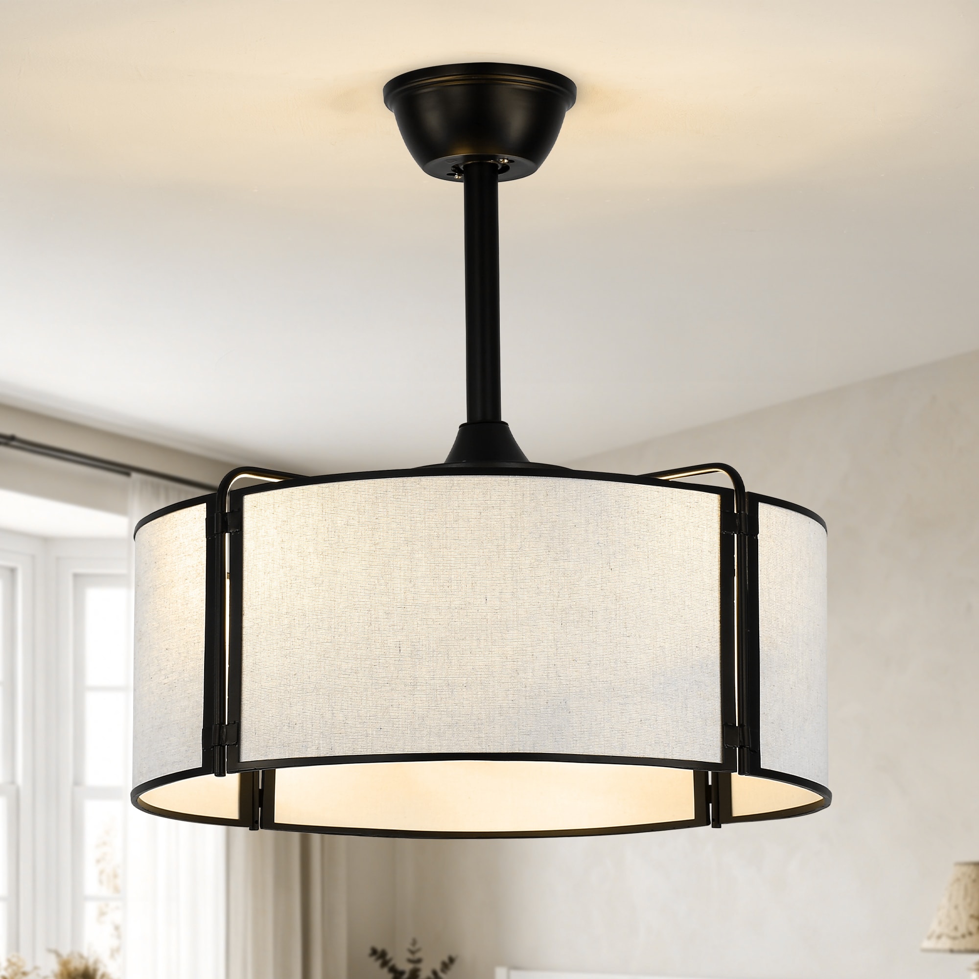 Bella Depot 19" Modern Drum Ceiling Fan with Light Kit and Remote Control 6-Speed Reversible Farbric Small Fandelier for Bedroom