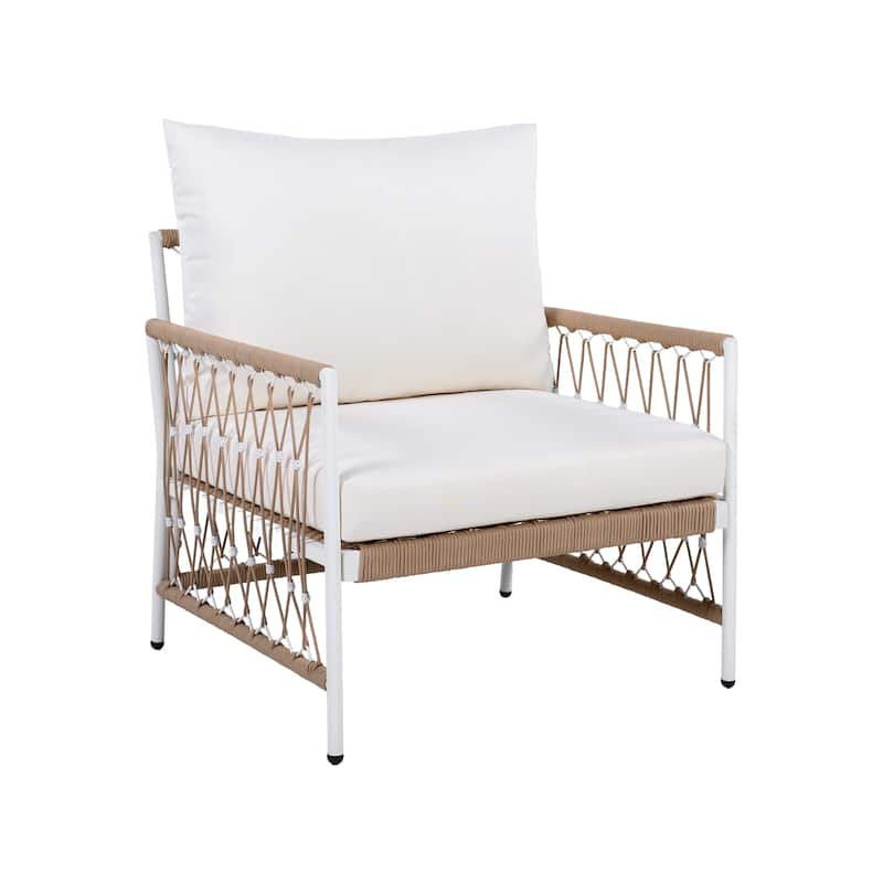 [Set of 2] Bohemian Outdoor Lounge Chair with Handwoven Rope & Powder-Coated Steel Frame, Waterproof Cushions