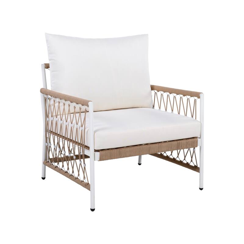 Set of 2 Bohemian Outdoor Lounge Chairs with Waterproof Cushions Handwoven Accent Armchair with Steel Frame for Patio, Poolside