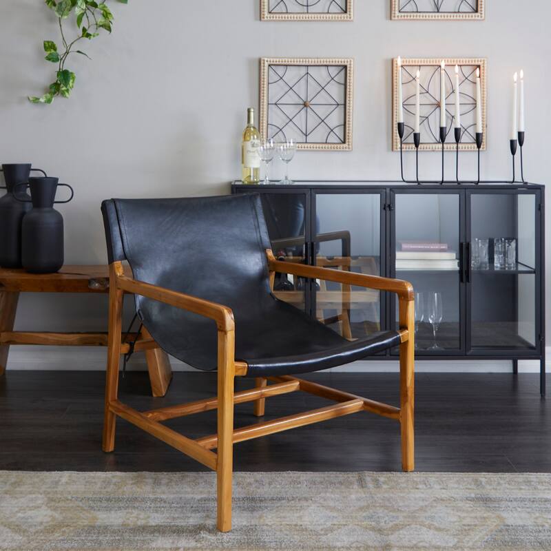 Teak Wood Living Room Accent Chair with Leather or Woven Cane Seat