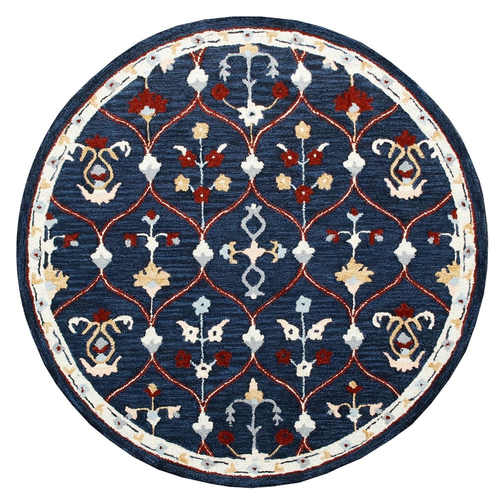 Sevita Navy/Red Trellis Round Area Rug