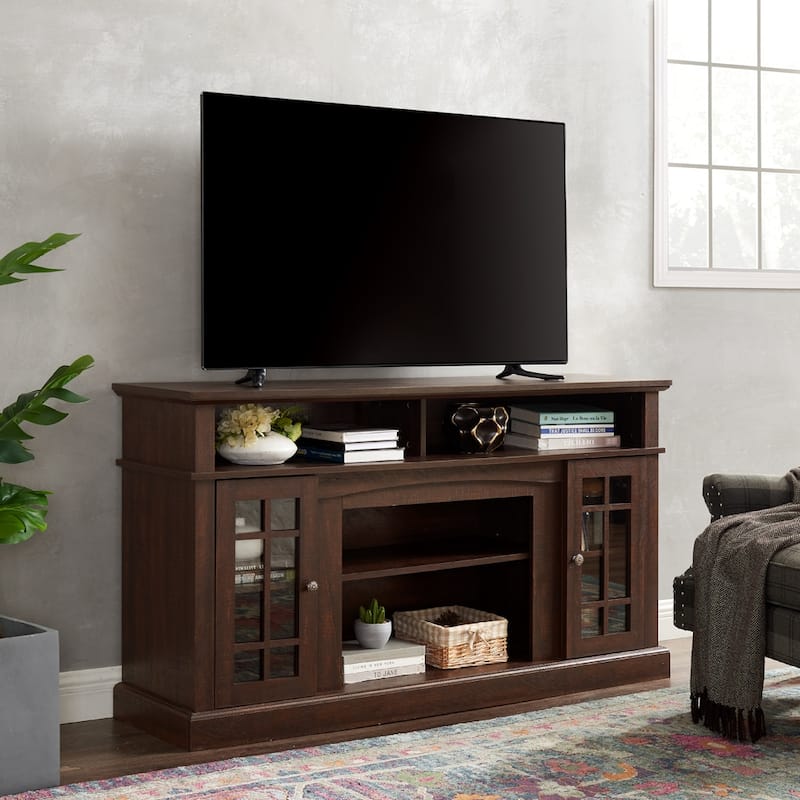 TV Media Stand with 5 Cable Management Cutouts, Console Table with Closed Storage Space, Entertainment Center with Open Shelves - Espresso