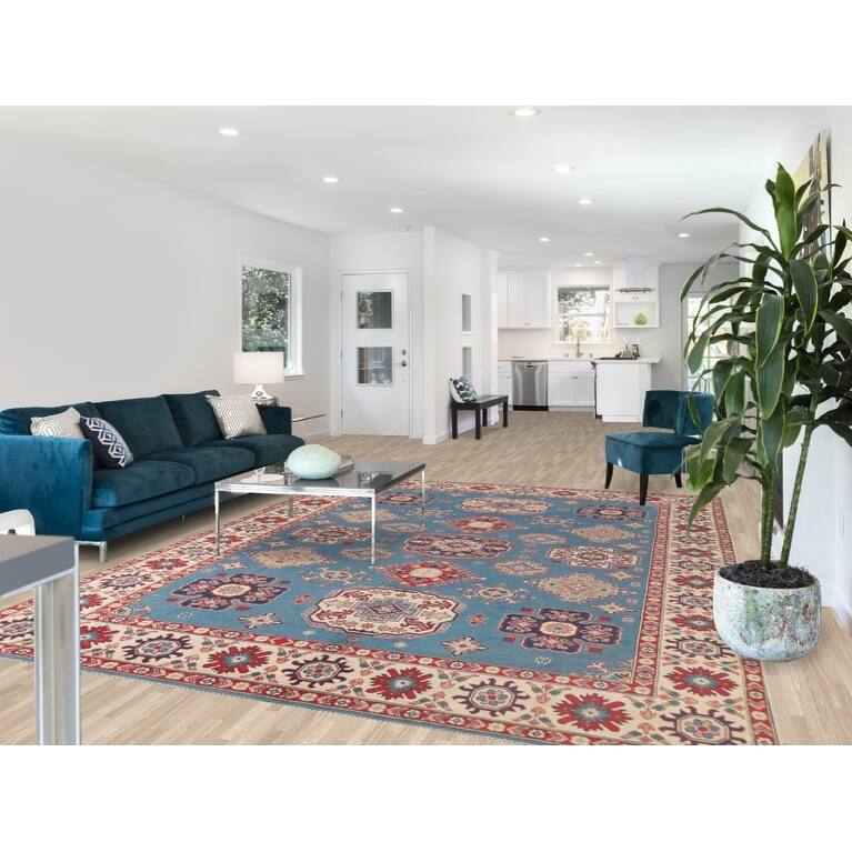Light Blue Kazak Oriental Area Rug Hand-Knotted Geometric Wool Carpet - 8'4"x 11'2"