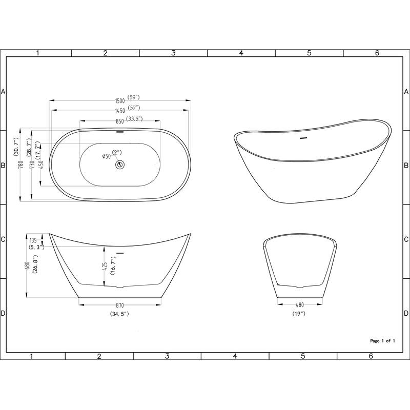 KBV 59'' x 31" Freestanding Soaking Acrylic Bathtub GTBT0014 - 59"