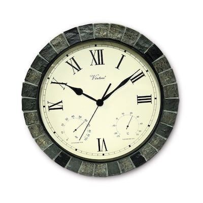 15" B/O Faux Stone Roman Numeral Outdoor Clock Thermometer Hygrometer