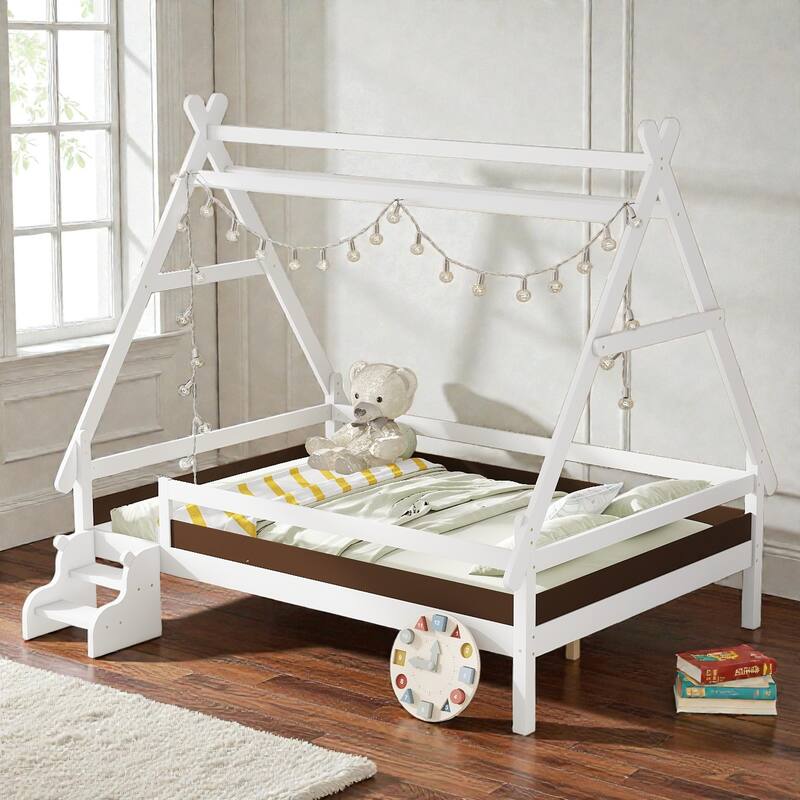 Twin/Full House Platform Bed with Stairs, Solid Wood Low Profile Kids Bed Frame, Fun Playhouse Design for Children