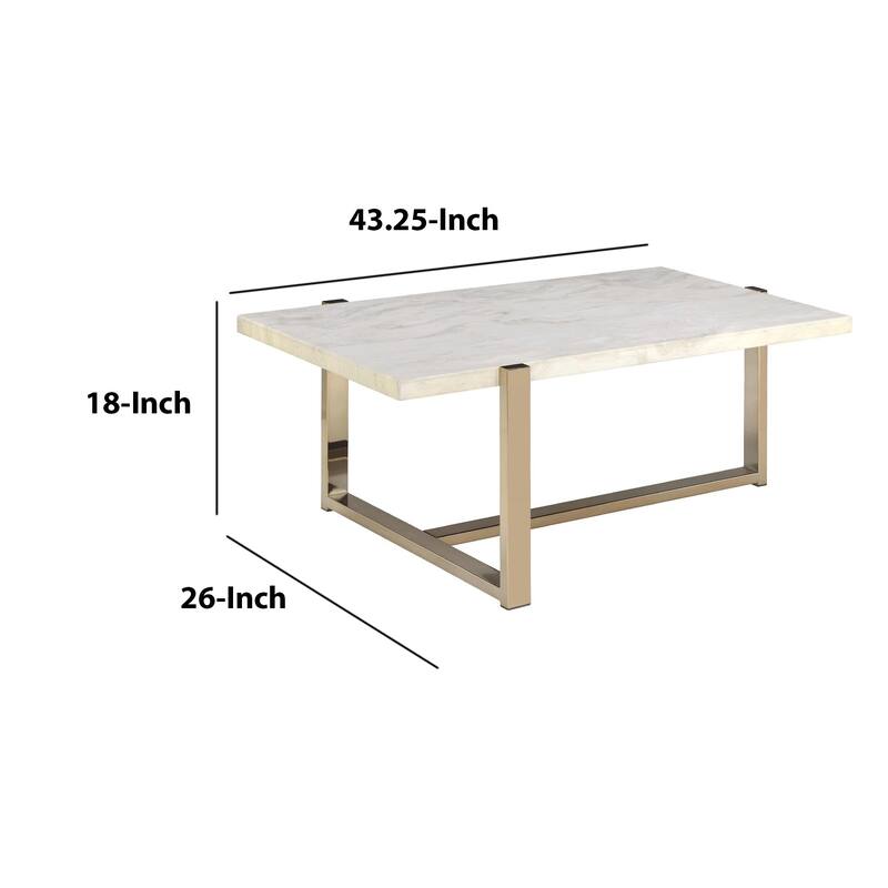 Modern Metal Framed Coffee Table with Faux Marble Top, White and Gold