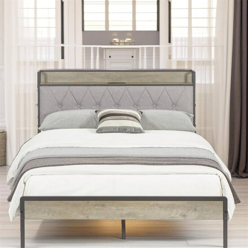 Metal Bed Frame with Charging Station and Slats