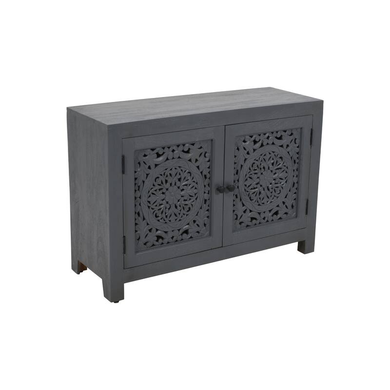 HomeRoots 30" Gray Distressed Solid Wood Textured Door Accent Cabinet With Two Doors