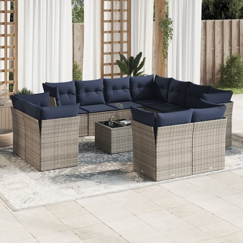 vidaXL Patio Sofa Set with Cushions Outdoor Conversation Furniture Poly Rattan - 21.7" x 24.4" x 27.2" - Beige and gray with table