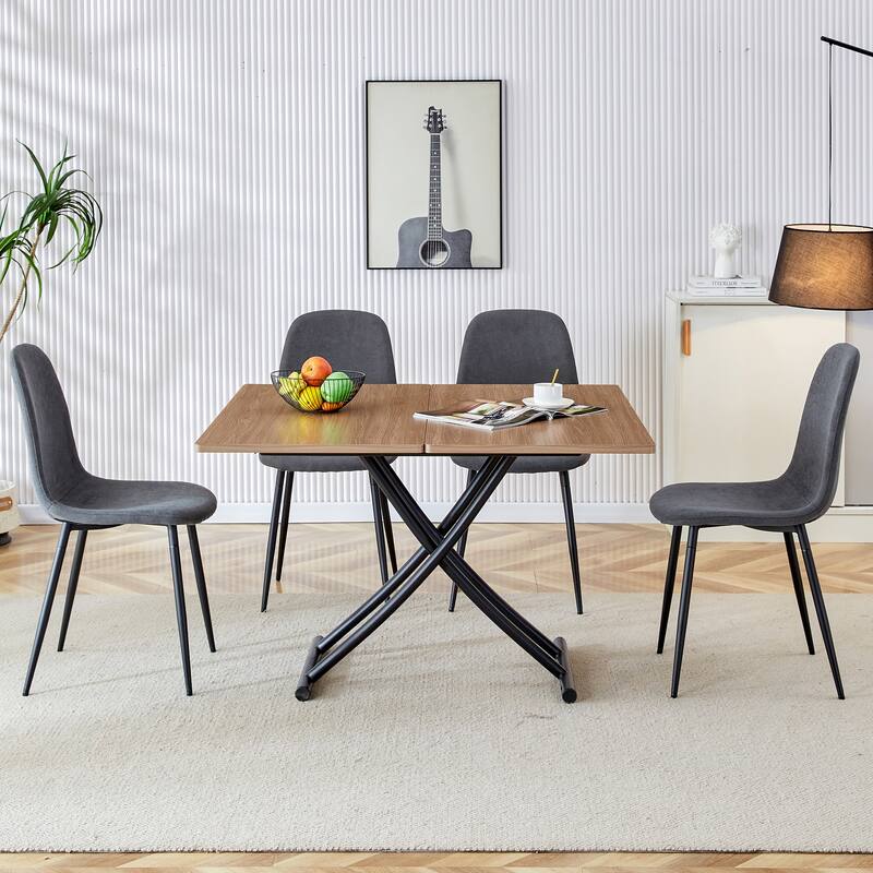 5-Piece Folding Dining Table Set, Modern Lift Top Wood Table with Metal Frame & 4 Linen Chairs for Kitchen, Living Room