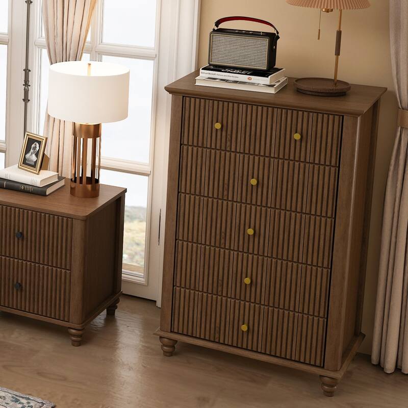 Minimalist Chest of Drawers Walnut Corner Cabinet with Wood Legs, 5-Drawer Dresser Accent Cabinet Storage Cabinet