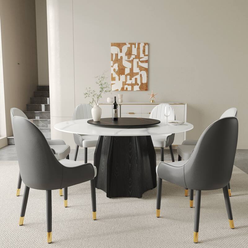 59.05'' Modern Round Sintered Stone Table Top Black Wood Pedestal with Lazy Susan