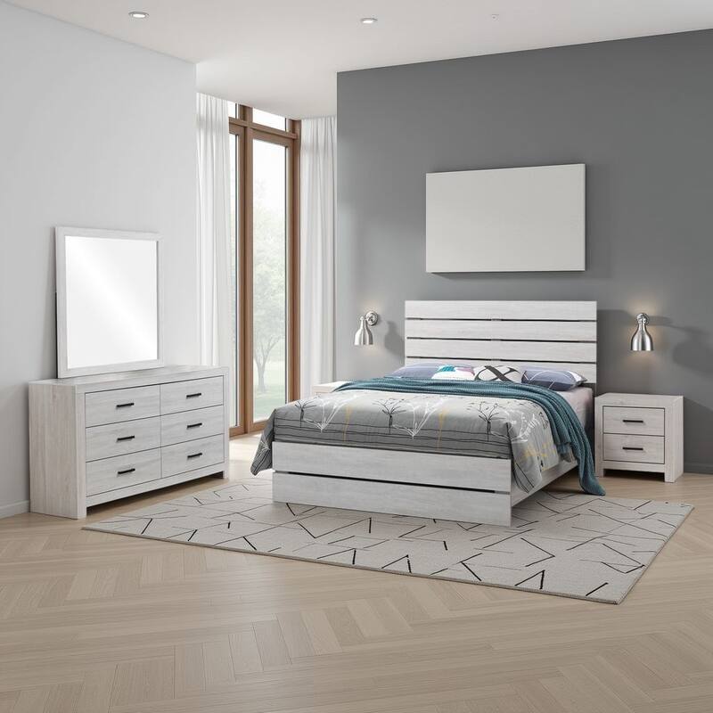 Sili 4pc Queen Bedroom Set, Dresser, Mirror, Coastal White, Bronze