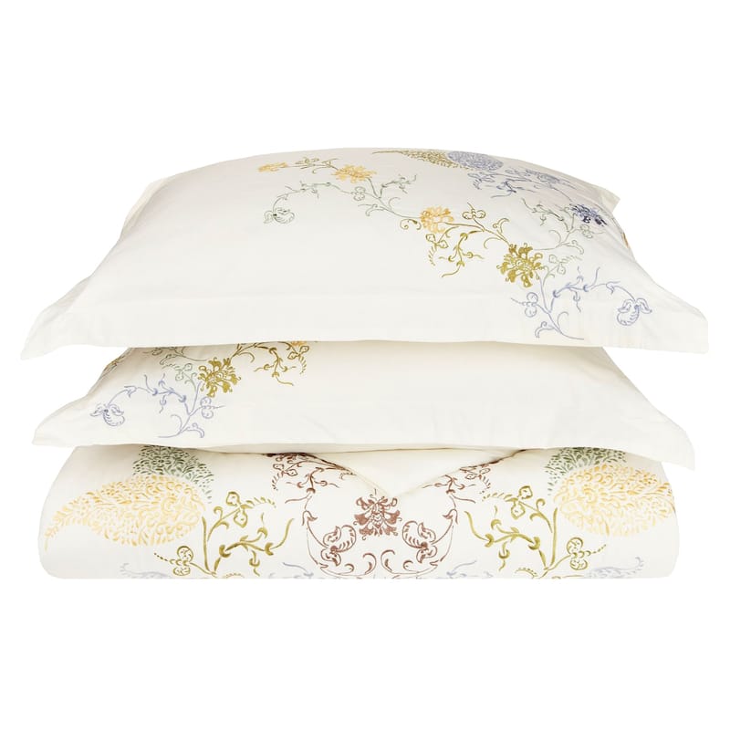 Superior Hyacinth Floral Embroidered Cotton 3-Pc Duvet Cover Set