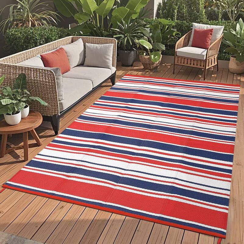 Outdoor Rug Waterproof Mat Outside Rugs for Patio Camping Balcony Modern Strip Plastic Straw Rug - 9'x18' - Red White Navy