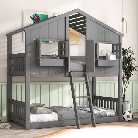 Twin over Twin Size House Bunk Bed with Roof Window Box and Guardrails