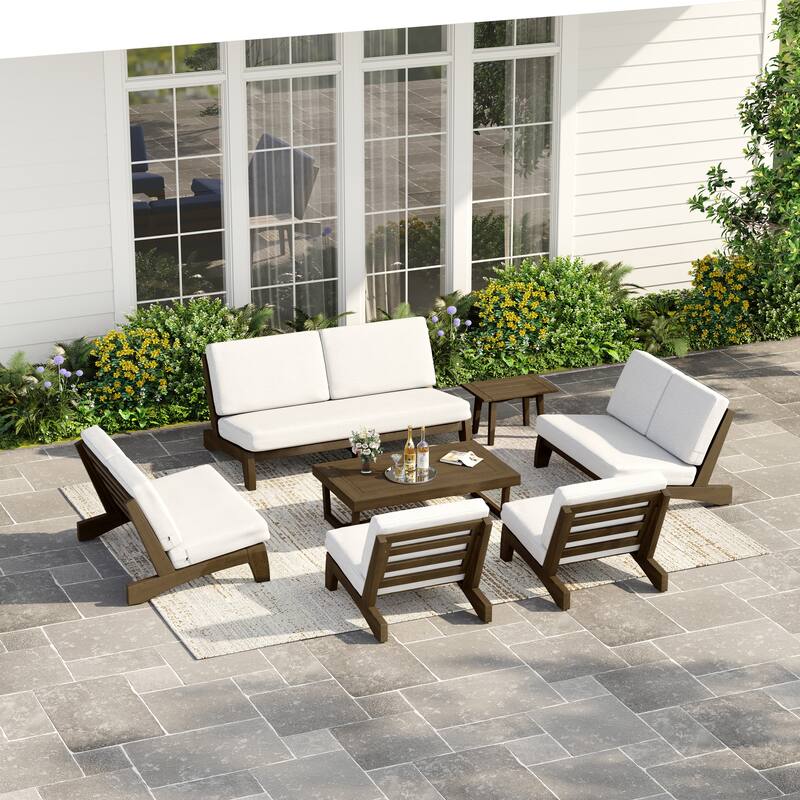 Casual Teak Wood Large 7-Piece Outdoor Patio Conversation Set